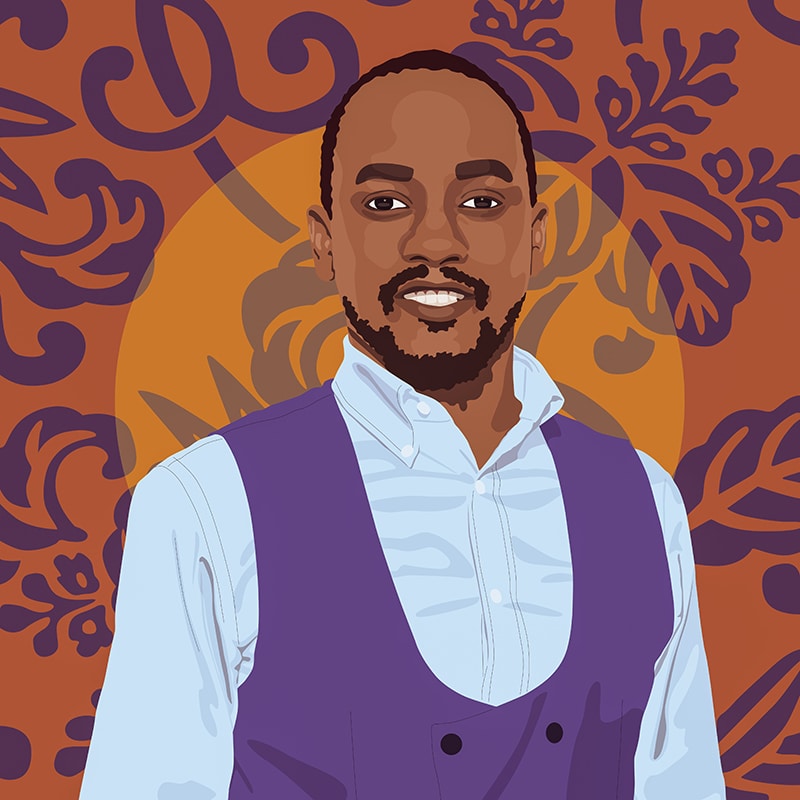 An illustrated portrait of Abaas Mpindi