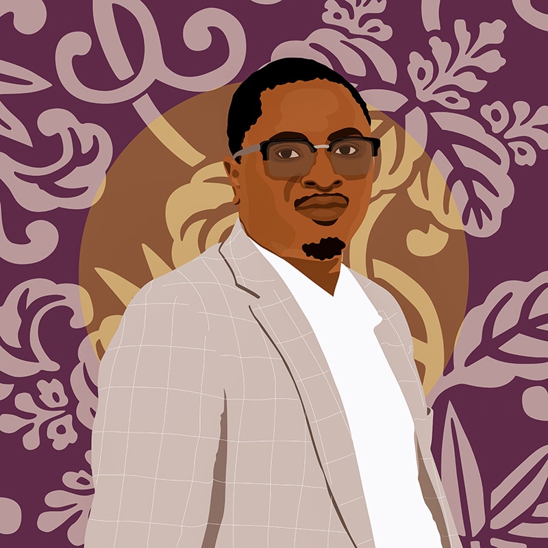 An illustrated portrait of Evodius Gervas Kikarugaha