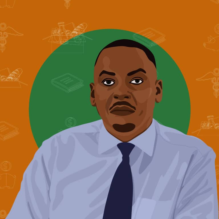An illustrated portrait of Paul Moturi