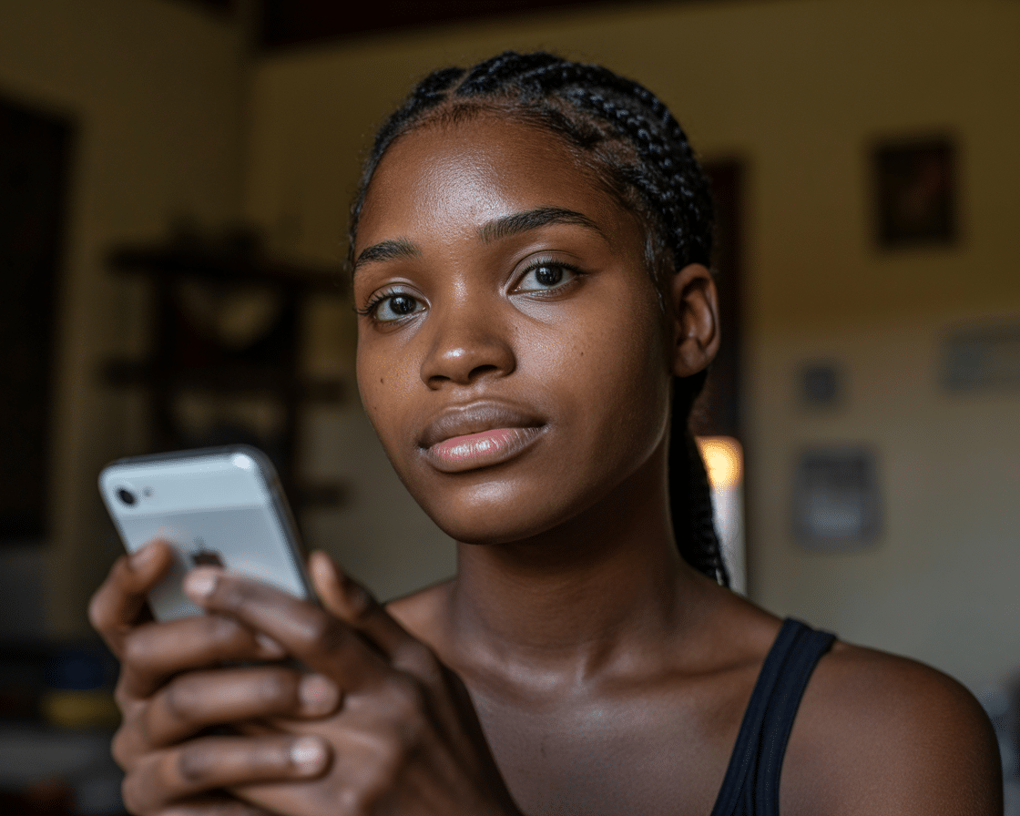 Une femme noire tient un téléphone à la main et regarde la caméra.