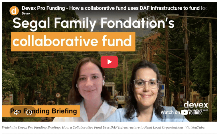 Picha ya skrini ya wavuti inayomwonyesha Ellie Neilson kutoka Segal Family Foundation na Racquel Acega kutoka Devex.