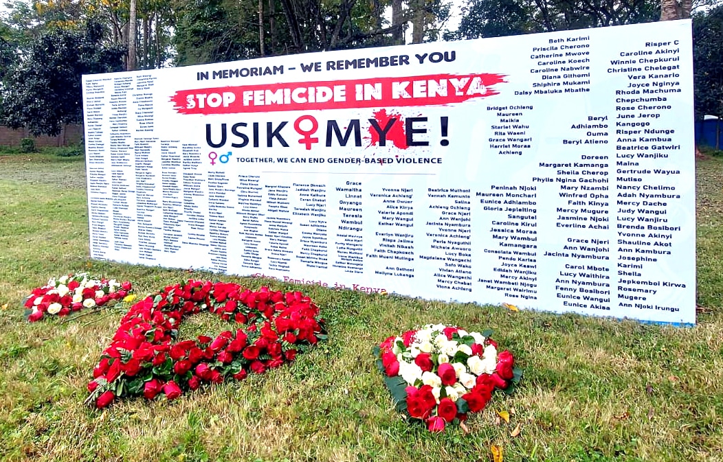 A wall showing names of women killed in gender-based violence