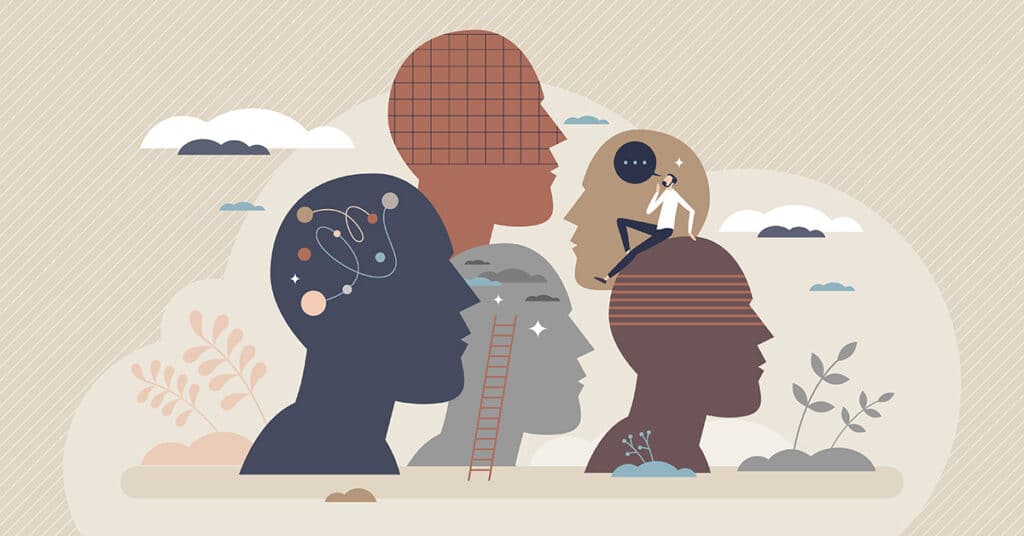 An illustration of five human heads, each with something different inside