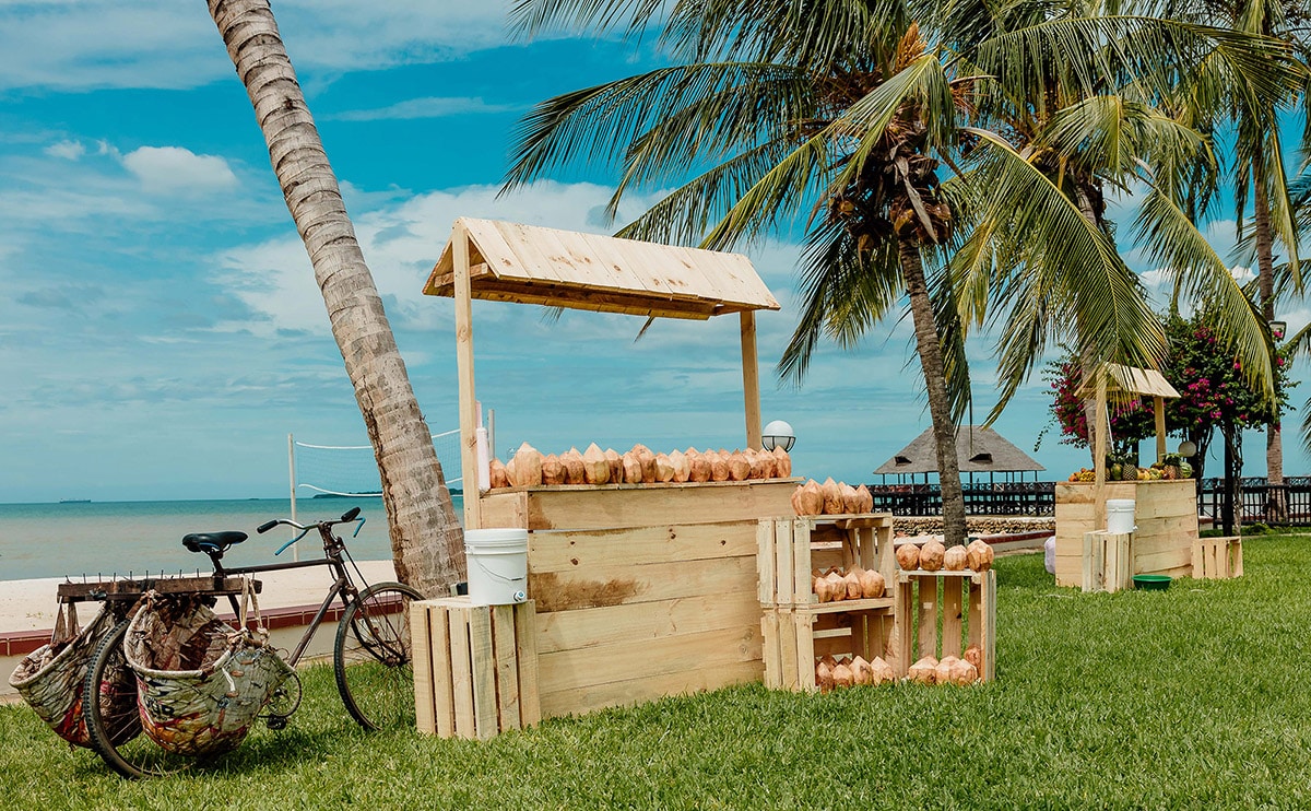 A beach scene with palm trees and madafu stand